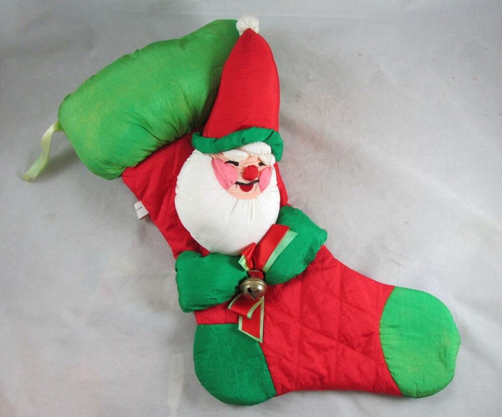 Stuffed Nylon Christmas Stocking 19" Quilted Puffy 3D Santa Jingle Bell Vintage